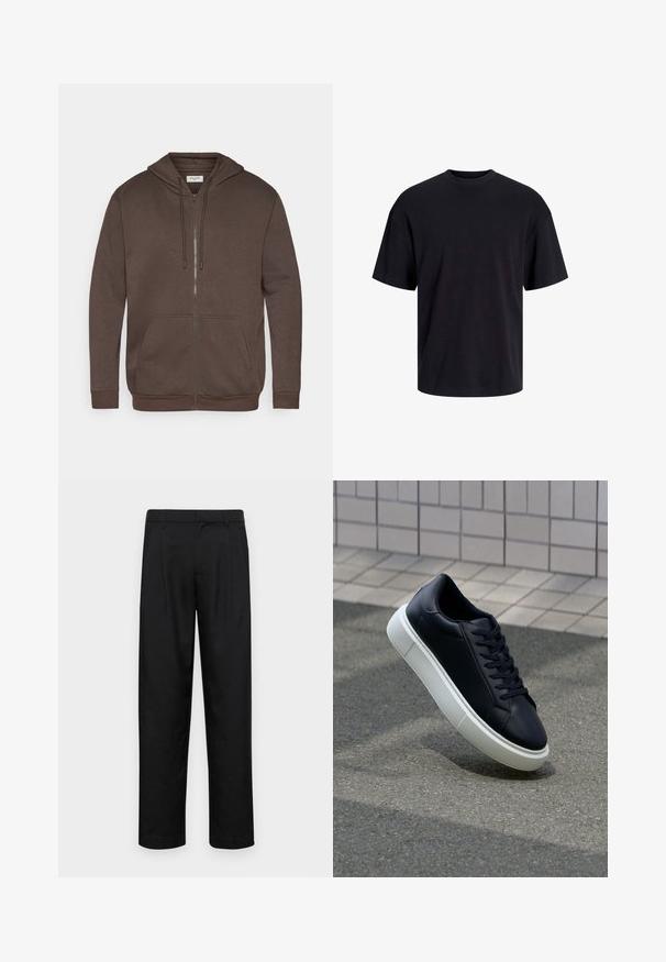 Brun zip-up hoodie med snore, frontlomme i kenguru-stil samt ribbede manchetter og kant, vist på en hvid baggrund.; Sort bomulds t-shirt med rund hals, korte ærmer og en afslappet pasform. Glat tekstur uden synlige mønstre eller accenter.; Sorte bukser lavet af glat stof, med et lige ben-design, to frontfolder og en standard talje med bæltestropper.; Sort lædersneaker med rund tå og hvid gummisål. Har flade snørebånd og minimal syning på overdelen. Tekstureret sål for bedre greb.