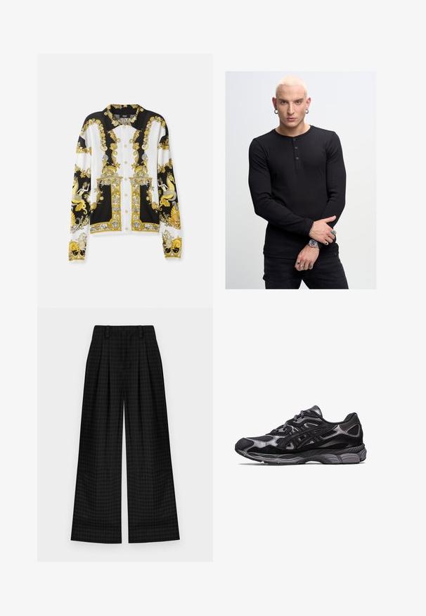 Černobílá košile na knoflíky s zlatým barokním vzorem, složitémi designy s mušlemi, mořskými pannami a dekorativními kovovými detaily.; Černá dlouhá rukávová henley košile s třemi knoflíky, s žebrovanou texturou, spárována s černými kalhotami. Výrazné ruční šperky zahrnují prsteny a hodinky.; Černé kostkované kalhoty s širokými nohavicemi a sklady, s hladkým povrchem a klasickým designem. Lehká tkanina pro pohodlí.; Černá atletická bota s vrchní částí z mesh a semiše, která má strukturovaný design a robustní, polstrovanou šedou podrážku.