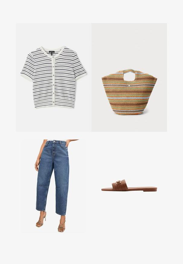 Randig kortärmad kofta i vit och marinblå, med rund halsringning, knäppning fram och ribbat mönster.; Vit linneskjorta med rund halsringning och knapplista med beige knappar. Tyget har en mjuk, texturerad yta.; Högmidjade, rakbeniga jeans i medelblå tvätt. Har en klassisk femfickdesign och subtila sömnadsdetaljer.; Brun lädersandaler med två breda remmar, präglade med dekorativ sömnad och en guldfärgad spänne. Platt såldesign.; Vävd halmtofs med flerfärgade ränder i brunt, grönt, orange och blått. Har en platt form och två handöppningar. Lätt design.