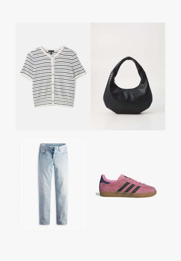 Stripet kortermet cardigan i hvit og marineblå, med rund hals, knappelukking og ribbet tekstur.; Hvit bomulls t-skjorte med korte ermer, rund hals og rett snitt. Glatt tekstur, enkelt design, ingen synlige mønstre eller detaljer.; Lyseblå denimjeans med rett ben, to frontlommer og to baklommer. Inkluderer to-knapps glidelås og subtil søm.; Rosa semskesko med svarte striper, gummisåle og teksturert lilla hæl. Har en snøringdesign og preget merkevare på siden.; Svart vevd veske med buet håndtak, med en teksturert overflate og en avslappet form. Glatt finish med en organisk silhuett.