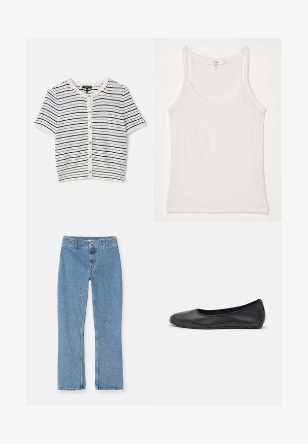 Cardigan à rayures à manches courtes en blanc et bleu marine, avec un col rond, une fermeture à boutons et une texture côtelée.; Débardeur blanc sans manches en tissu doux et côtelé ; présente des bretelles fines et un col rond, l'étiquette indique "FRAME."; Jean en denim bleu clair à jambe droite avec fermeture à bouton et à fermeture éclair, passants de ceinture et couture standard sur fond blanc.; Ballerines en cuir noir avec un bout rond, texture lisse, détails de couture minimalistes et design de semelle flexible.