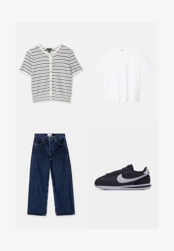 Gestreifte kurzärmlige Strickjacke in Weiß und Marineblau, mit rundem Ausschnitt, Knopfverschluss und geripptem Muster.; Weißes Baumwoll-T-Shirt mit kurzen Ärmeln, runder Halslinie, lockerer Passform und genähtem Saum. Etikett sichtbar am inneren Kragen.; Dunkelblaue Jeans im weit geschnittenen Stil mit hoher Taille, Fronttaschen und einer glatten Textur mit dezenten Nähten.; Schwarzer Sportschuh mit grauen Akzenten, glattes synthetisches Obermaterial, strukturierte Sohle, abgerundete Zehenpartie und flache Schnürsenkel. Klassisches Design mit Logodetails.