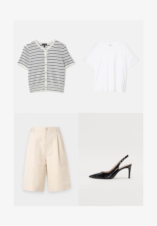 Ribadega lühikeste varrukatega kardigan valges ja tumesinis polka, ümara kaelusega, nööpide sulgemisega ja ribatekstuuriga.; Valge puuvillane T-särk lühikeste varrukatega, ümmargune kaelus, mugav lõige ja õmmeldud serv. Silt nähtav kaela seest.; Beezid linane lühikesed püksid, millel on mugav lõige, nupuga sulgemine, volditud disain ja kuni põlve ulatuv lõige. Sile tekstuur ja lihtne stiil.; Must hõbedavärvi patendiga slingback kontsakingad terava varbaga, kitsas konts ja peene lõikega disain. Statistika on kuldne pandla rihmal.