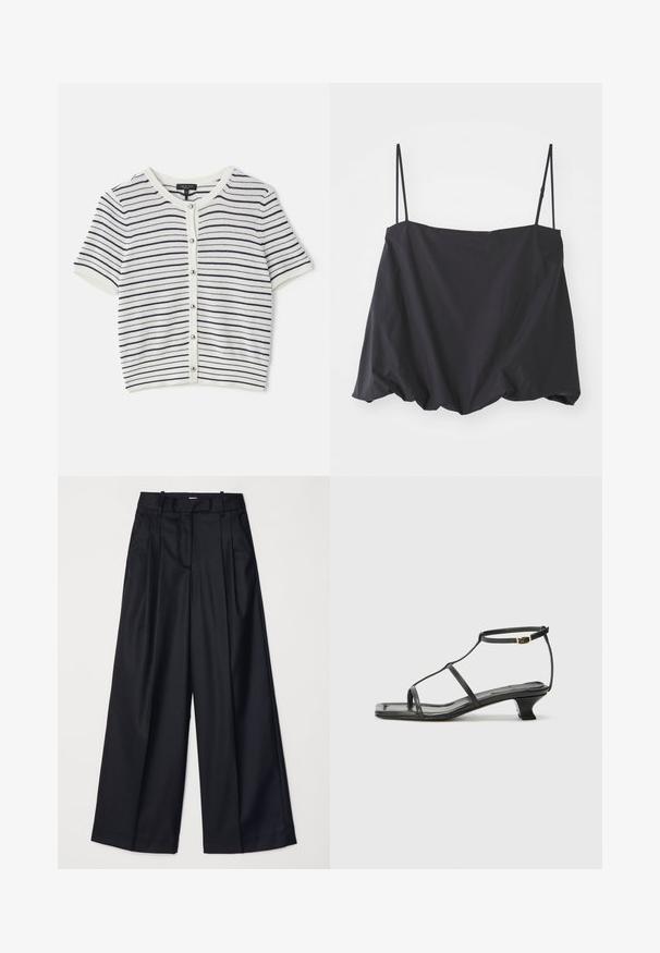 Cardigan à rayures à manches courtes en blanc et bleu marine, avec un col rond, une fermeture à boutons et une texture côtelée.; Débardeur noir sans manches avec des fines bretelles, coupe ample et ourlet froncé. Fabriqué en tissu léger avec une texture lisse.; Pantalons noirs à jambes larges en tissu lisse, dotés d'une taille haute, de plis et d'une coupe ajustée. Quincaillerie noire simple à la taille.; Sandale en cuir noir avec un bout carré, des fines lanières, une bride de cheville ajustable et un petit talon. Présente un petit accent doré sur la lanière.