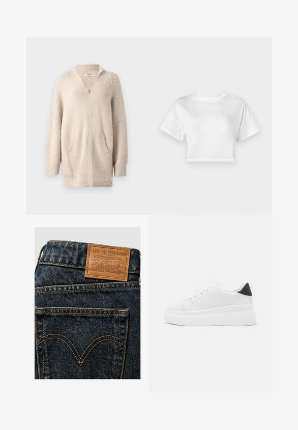 Beige vetoketjullinen villatakki, joka on valmistettu pehmeästä ja pörröisestä materiaalista. Siinä on V-kaula-aukko, kaksi etutaskua ja pitkät hihat. Yksinkertainen, teksturoitu muotoilu.; Valkoinen lyhytnuttuinen t-paita, joka on valmistettu puuvillasta. Lyhyet hihat, pyöreä pääntie, sileä pinta, rento muotoilu ilman kuvioita tai koristeluja.; Levi's® GOOD GRADES - Flared-farkut - boss business; Valkoiset alustasneakerit, jotka on valmistettu sileästä synteettisestä materiaalista. Niissä on pyöreä kärki, nauhakiinnitys ja teksturoitu kumipohja. Musta kantakorko korostaa ilmettä.