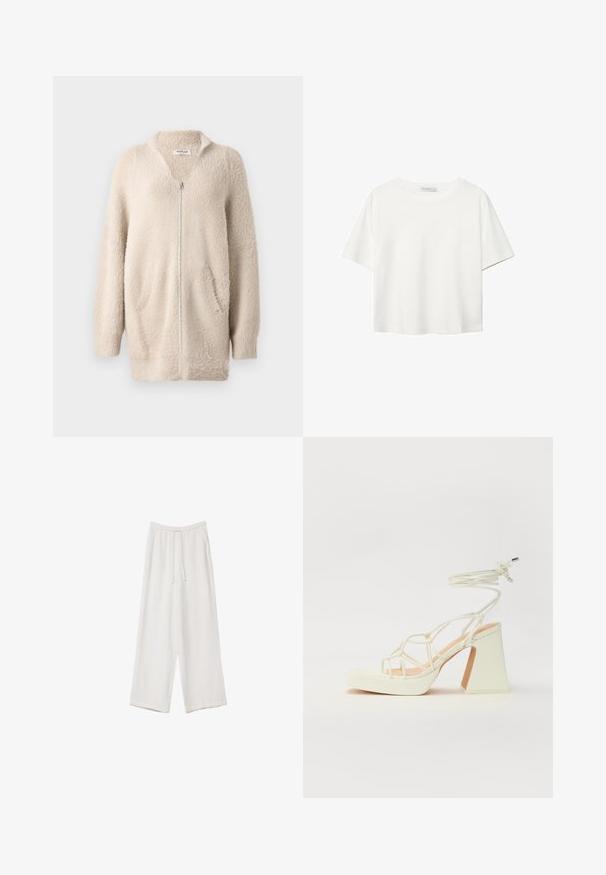 Beige Reißverschluss-Cardigan aus weichem, flauschigem Material. Verfügt über einen V-Ausschnitt, zwei Vorderaschen und lange Ärmel. Einfaches, strukturiertes Design.; Weißes T-Shirt mit kurzen Ärmeln aus Baumwolle. Hat einen Rundhalsausschnitt und eine lockere Passform. Glatte Textur ohne sichtbare Muster oder Akzente.; Weiße weit geschnittene Hose aus leichtem Stoff. Mit einem elastischen Bund und Kordelzug sowie Seitentaschen. Glatte Textur.; Weiße High-Heel-Sandale mit einem klobigen Absatz, die über ein Riemchendesign und ein Knöchelband verfügt. Glatte Textur mit einer Plattform vorne für zusätzliche Höhe.