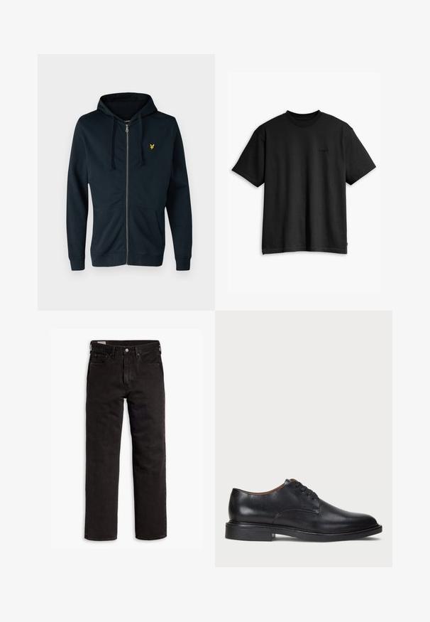 Felpa con zip blu navy realizzata in tessuto morbido, con tasca frontale, cappuccio regolabile con cordini e un piccolo logo giallo sul lato sinistro del petto.; T-shirt nera in cotone con collo rotondo e maniche corte. Presenta un logo frontale sottile e un orlo dritto. Design semplice e minimalista.; Jeans in denim neri a gamba dritta con cinque tasche, chiusura a bottone e passanti per cintura, adagiati su uno sfondo bianco.; Scarpa da uomo in pelle nera con punta rotonda, design con lacci e tacco basso impilato. Texture liscia con dettagli di cucitura minimi.