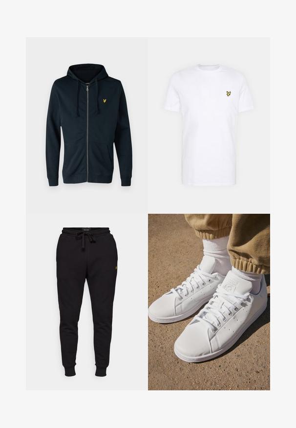 Jūras spēku stilā izstrādāta kapuce ar rāvējslēdzēju, kas izgatavota no mīksta materiāla. Tam ir priekšējā kabata, regulējams kapuce ar auklu un neliels dzeltenais logotips kreisajā krūtīs.; Baltas kokvilnas T-krekls ar mazu melnu un dzeltenu izšuvumu, kas atrodas kreisajā krūšu daļā. Īsas piedurknes un apaļa kakla izgriezums.; Melnas kokvilnas jogger bikses ar elastīgu jostasvietu, auklu un ribotām piedurknēm. Uz kreisās augšstilba atrodas mazs dzeltenais logo.; Baltas ādas sporta apavi ar gludu virsmu, ar klasisku šņorēšanas dizainu, ar perforējumiem gaisa caurlaidībai un teksturētu gumijas zoli.