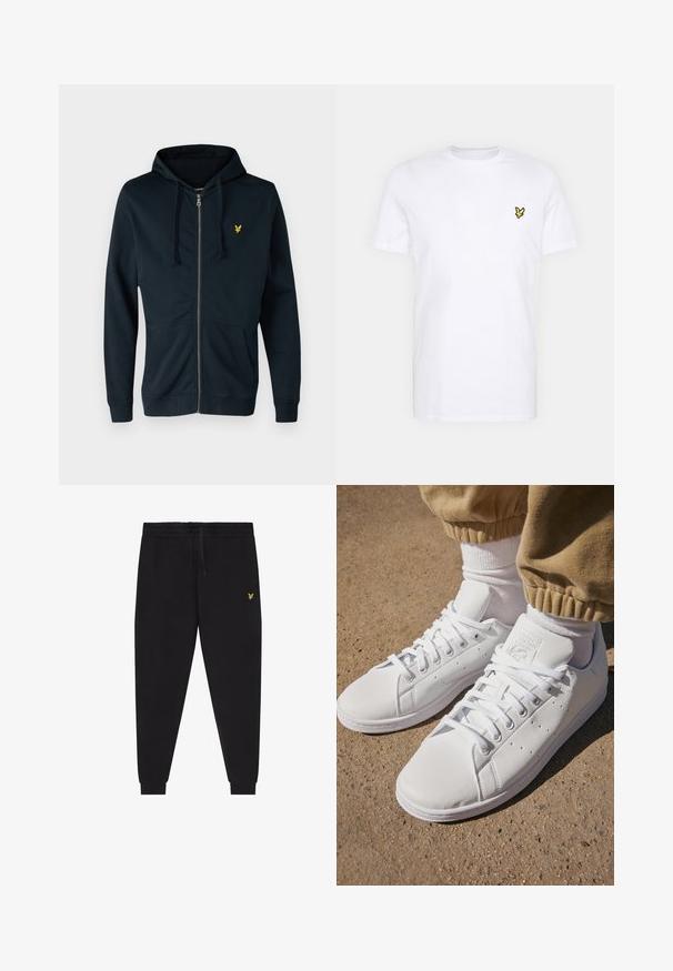 Jūrinio stiliaus užtrauktukas džemperis, pagamintas iš minkštos medžiagos, turintis priekinį kišenę, reguliuojamą kapisoną su raišteliu ir mažą geltoną logotipą ant kairiojo krūtinės.; Balta medvilnės marškinėliai su mažu juodu ir geltonu išsiuvinėtu logotipu kairėje krūtinės pusėje. Trumpi rankovės ir apvalus kaklas.; Juodos jogger stiliaus kelnės su elastinga juosmens juosta ir raišteliu, siaurėjančiomis kojų dalimis su apačios manžetėmis ir mažu geltonu siuvinėtu logotipu dešinėje šlaunyje.; Balti odiniai sportbačiai su lygia paviršiumi, pasižymintys klasikiniu raištelių dizainu, perforacijomis, užtikrinančiomis oro pralaidumą, ir tekstūra guminėmis padangomis.
