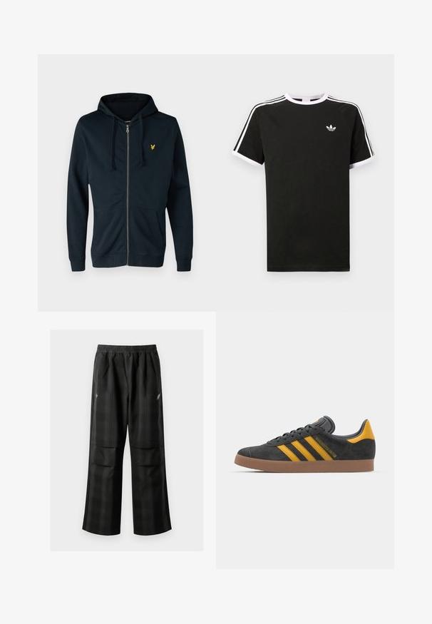 Mörkblå zip-up hoodie gjord av mjukt tyg, med en framficka, justerbar dragsko på huvan och en liten gul logotyp på vänster bröst.; Svart t-shirt i bomull med vita detaljer. Har korta ärmar, raglan-design och en liten logotyp på bröstet. Tre vita ränder på axlarna.; Svarta rutiga byxor med elastisk midja, två framfickor och en lös passform med rak bendesign. Tillverkade av lätt material.; Svart mockaskor med gula accenter, med tre ränder och en brun gummisula. Inkluderar en vadderad tunga för extra komfort.