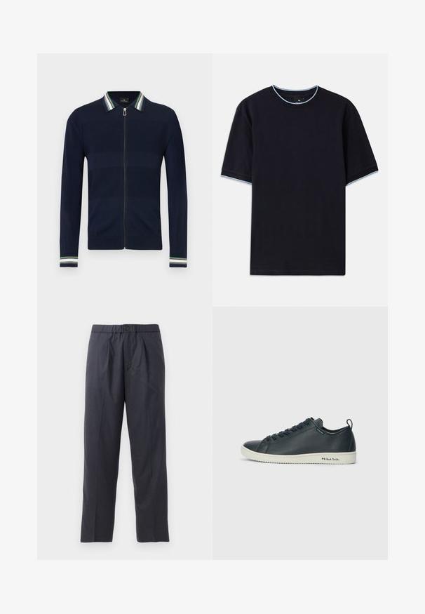 Marineblå cardigan med glidelås og stripete krage i grønt, blått og hvitt. Har et strukturert design og lange ermer med stripete detaljer på mansjettene.; Mørkeblå t-skjorte med korte ermer og rund hals, med lyseblå detaljer ved kragen og ermene. Laget av myk bomullsstoff.; Mørkeblå bukser laget av mykt stoff med plisserte detaljer foran og elastisk midje. Har knappelukking og rett ben.; Mørk marineblå lærersneaker med glatt finish, rund tå, seks Øyelet snøring og kontrasterende hvit gummisåle. Har merkevare på siden.