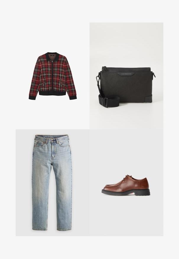Červená a čierna károvaná zateplená bunda so zipsom, ribovaným golierom a manžetami, prezradeným textúrovaným materiálom a dvoma prednými vreckami.; Bordová košeľa s dlhými rukávmi vyrobená z bavlny, s golierom na gombíky, predným zapínaním na gombíky a malým logom na hrudi.; Svetlomodré džínsy s vysokým pásom, predným gombíkom, zipsom a dizajnom s piatimi vreckami, rozložené na neutrálnom pozadí.; Hnedé kožené spoločenské topánky s okrúhlou špičkou, kontrastným prešívaním, šnurovacími detailami a štruktúrovanou čiernou gumovou podrážkou.; Čierna kožená kabelka cez telo s textúrovaným povrchom, so zipsovým uzatváraním a nastaviteľným popruhom. Na prednej strane je logo. Obdĺžnikový tvar.