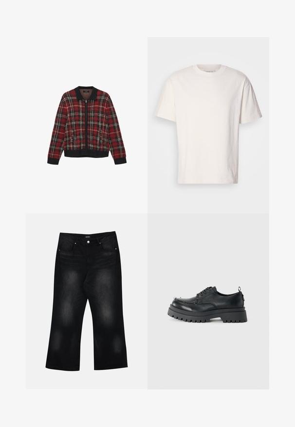 Rode en zwarte geruite zip-up jas met een geribbelde kraag en manchetten, uitgevoerd in een textuurstof en met twee voorzakken.; Crème-kleurig katoenen T-shirt met een ronde hals. Korte mouwen en een comfortabele pasvorm. Heeft een klein logo op de halslijn. Zachte textuur.; Zwarte wijde spijkerbroek van denim, met twee voorzakken, subtiele vervaging en een knoopsluiting bij de taille.; Zwarte chunky leren veterschoen met dikke robuuste zool en metalen oogjes op de neus, gefotografeerd tegen een effen lichte achtergrond.