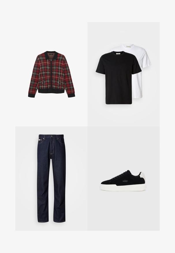 Rote und schwarze Karojacke mit Reißverschluss, ribbeligem Kragen und Bündchen, aus strukturiertem Stoff und mit zwei Fronttaschen.; Zwei schlichte Baumwoll-T-Shirts, eines schwarz vor einem weißen platziert, beide mit kurzen Ärmeln und runden Halsausschnitten.; Dunkelblaue Denim-Jeans mit geradem Bein, ausgestattet mit einem Knopfverschluss, fünf Taschen und kontrastierenden Nähten.; Schwarze Low-Top-Sneaker mit weißer Sohle und Fersenkappe, Schnürung vorne und Calvin Klein-Logo an der Seite.