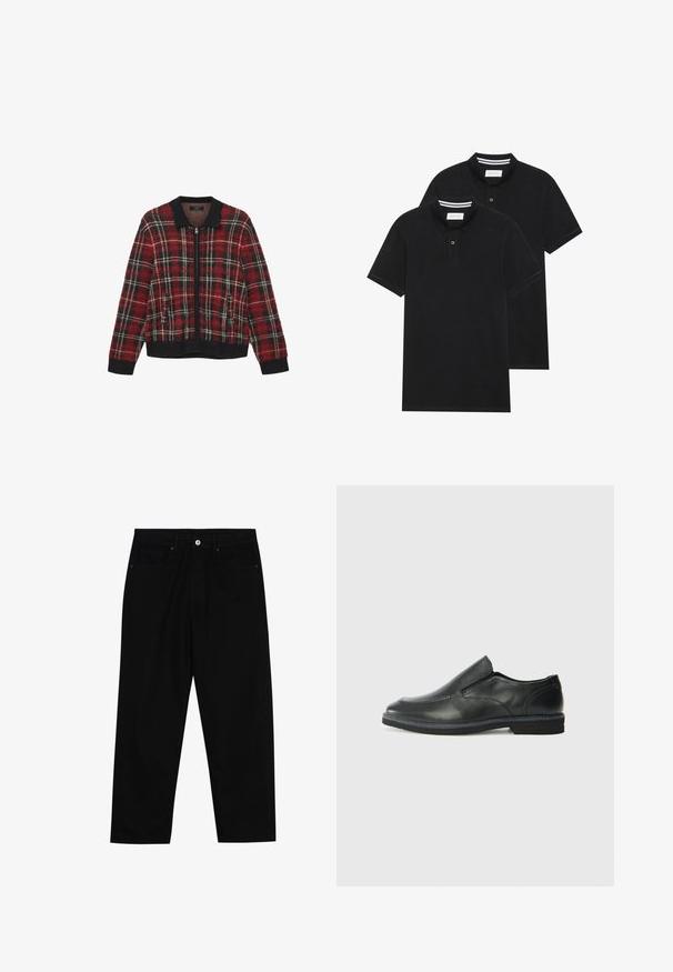 Rote und schwarze Karojacke mit Reißverschluss, ribbeligem Kragen und Bündchen, aus strukturiertem Stoff und mit zwei Fronttaschen.; Zwei schwarze Polohemden, kurzärmlig, aus Baumwolle, mit einem klassischen Kragen, zwei Knöpfen und weißen Streifenakzenten im Inneren des Kragens.; Schwarze Jeans mit geradem Schnitt, Fünf-Taschen-Design und einem vorderen Knopfverschluss. Glatte Textur mit minimalen Nähten.; Schwarze Leder-Slipper mit glattem Obermaterial, gesteppten Akzenten, runder Zehenpartie und niedrigem Gummiabsatz. Die Sohle hat ein minimales Profil.