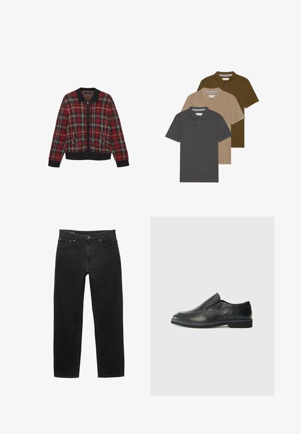 Rode en zwarte geruite zip-up jas met een geribbelde kraag en manchetten, uitgevoerd in een textuurstof en met twee voorzakken.; Drie polo-shirts verticaal gestapeld: donkergrijs, beige en olijfgroen. Korte mouwen, kraag met twee knopen, van katoenmateriaal.; Zwarte denim jeans met een rechte pijp, voorzien van een ritssluiting met knoop en klassieke vijfzakkenstyling.; Zwarte leren instapper met een soepele bovenkant, gestikte accenten, ronde neus en een lage rubberen hak. De zool heeft minimale profiel.