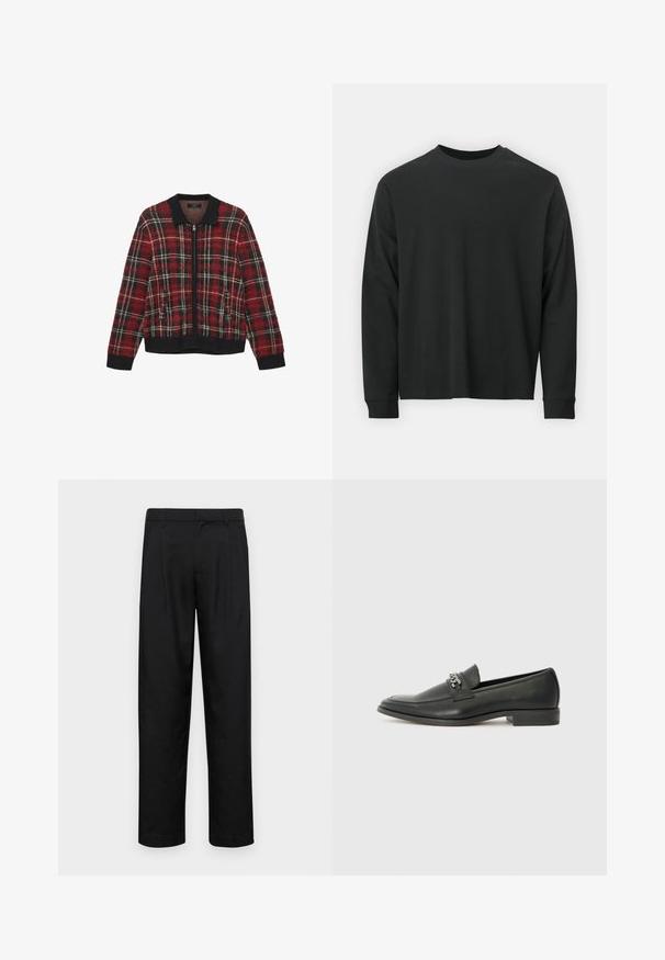 Sarkans un melns čeksu džemperis ar rāvējslēdzēju, ar ribinātu apkakli un piedurknēm, ar tekstūrētu audumu un divām priekšējām kabatām.; Garās piedurknes melna T-kreklā, izgatavota no kokvilnas, ar apaļu kakla izgriezumu, brīvu piegriezumu un ribotām piedurknēm. Gluda tekstūra bez redzamām rakstainēm.; Melnas bikses, izgatavotas no gludas auduma, ar taisnu kāju dizainu, divām priekšējām krokām un standarta jostu, kurai ir āķi.; Melna ādas loafer izmēra apavi ar gludu virsmu, piedāvā ar šūtu dizainu un dekoratīvu metāla ķēdes akcentu pār vampu. Plakana papēža daļa.