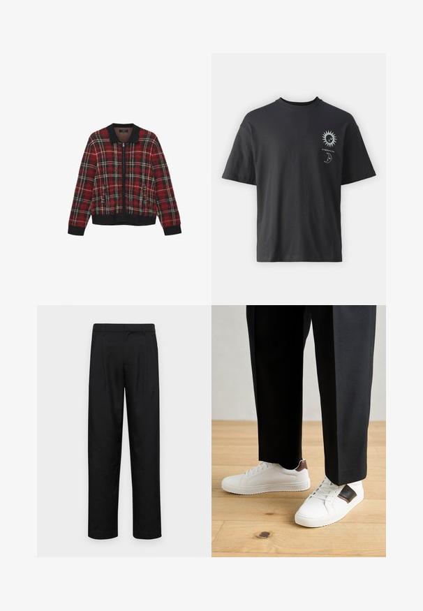 Rote und schwarze Karojacke mit Reißverschluss, ribbeligem Kragen und Bündchen, aus strukturiertem Stoff und mit zwei Fronttaschen.; Schwarzes Baumwoll-T-Shirt mit kurzen Ärmeln, Rundhalsausschnitt und Vordergrafik eines Sonnen- und Mondmotivs, begleitet von dem Text "Le Soleil et La Lune."; Schwarze Hose aus glattem Stoff, mit geradem Bein Design, zwei vorderen Falten und einem Standardbund mit Gürtelschlaufen.; Weiße Sneakers mit glatter Textur, versehen mit braunen Lederakzenten und schwarzen Details, kombiniert mit schwarzen maßgeschneiderten Hosen. Hintergrund aus Holzboden.