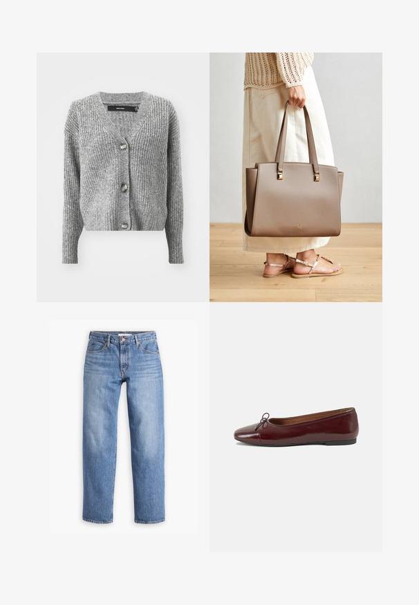 Šedý pletený kardigan s výstřihem do V, dlouhými rukávy, žebrovaným lemem a pěti knoflíkovými zapínáními, s texturovaným vzorem látky po celém povrchu.; Tři bezramínkové tílka: námořnická, červená a bílá. Měkká, elastická tkanina s kulatým výstřihem a klasickým střihem.; Světle modré džínové kalhoty se rovnýma nohama, pěti kapsami a zipem. Látka má klasický strukturovaný vzhled s mírným vyblednutím.; Burgundské lakové baleríny s kulatou špičkou, malou mašlí vpředu a nízkou černou gumovou podrážkou. Hladký povrch.; Hnědá syntetická taška s dvěma dlouhými uchy, čtvercovými kovovými detaily a decentním logem. Nosí se s krémovou sukní a sandály.