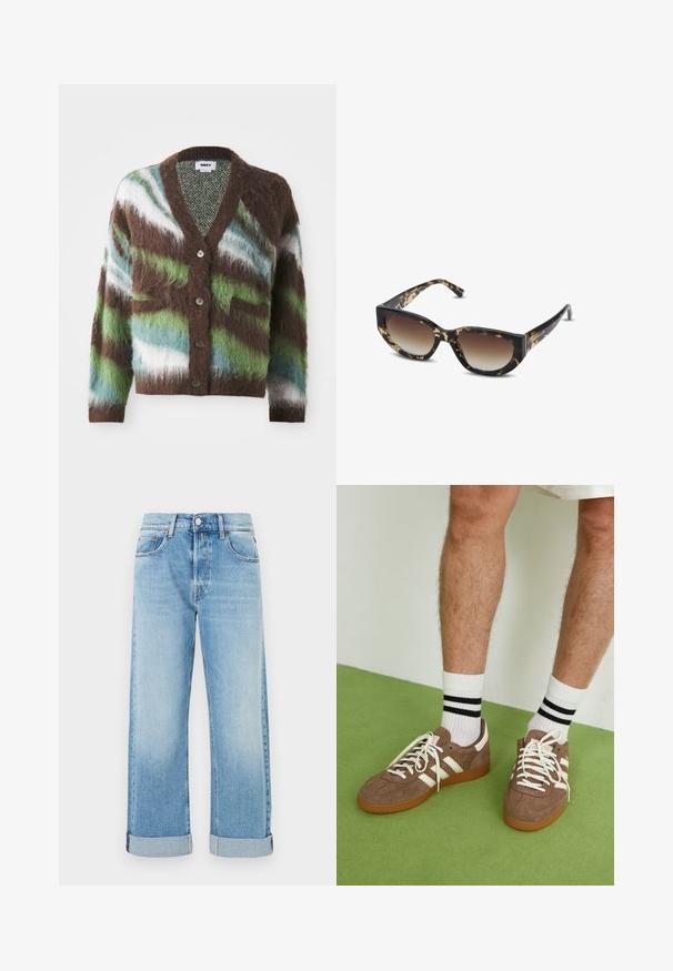 Bruine, fuzzy cardigan met een groen en blauw abstract patroon, v-halsontwerp, vijf knopen en twee voorzakken.; Langsleeve blauwe denimshirt met drukknoopsluitingen, twee borstzakken en een spitse kraag, liggend op een witte achtergrond.; Lichtblauwe denim jeans met een rechte pijp, voorzien van vijf zakken, een knoopsluiting en opgerolde boorden aan de onderkant.; Bruine suède sneakers met witte accenten en veters. Rubberen gumzool. Draag met witte sokken met zwarte strepen. Groene gestructureerde vloer.; Bruine en zwarte schildpadzonnebril met een hoekige cat-eye vorm, gradient lenzen en een dikke montuur. Logo gedrukt op de veren.