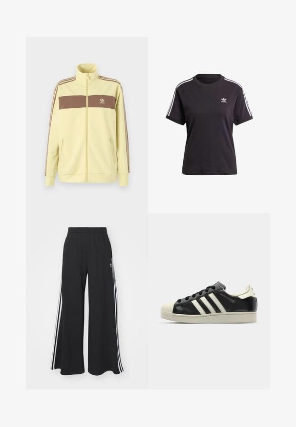 Žltá zipsová bunda s hnedým pruhom na hrudi, na každom rukáve sú tri hnedé pruhy a biele logo Adidas. Hladký materiál.; Čierne bavlnené tričko s krátkym rukávom a okrúhlym výstrihom, s bielymi pruhmi na ramienkach a malým bielym logom Adidas na hrudi.; Čierne široké teplákové nohavice s elastickým pásom, so bielymi bočnými prúžkami a výšivkou loga na ľavom stehne.; Čierne kožené tenisky s bielymi pruhmi, gumenou špičkou, čiernymi šnúrkami a krémovobielou podrážkou. Hladký povrch s lesklým finišom.