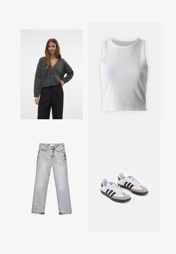 Aware VMGEMMA V-NECK VMA NOOS - Jopica - dark grey; Bela rebrasta majica brez rokavov z okroglo izrezom, s pravo hem in gladko, elastično strukturo.; Sive traperice z ravnim krojem, z obdelanimi detajli, petimi žepi in bakrenimi zakovicami. Pas ima oznako z logotipom.; Športni čevlji z belim usnjenim zgornjim delom, sivim semišem na prstih in tremi črnimi črtami. Imajo modro logo na jeziku in teksturiran gumijast podplat.