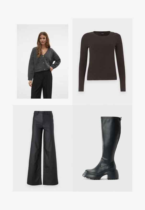 Aware VMGEMMA V-NECK VMA NOOS - Kardiganas - dark grey; Rudas, su ilgomis rankovėmis, grioveliais dekoruotas viršus su apvaliu iškirpimu. Pagamintas iš lygaus, elastingo audinio, su prigludusia siluetu ir minimaliais akcentais.; Juodos, plačios kelnės iš dirbtinės odos. Yra aukštas liemuo, kilpelės diržui, dvi priekinės kišenės ir siuvinėti detalėmis.; Ilgas juodos odinės batai su masyvi platforma ir stačiakampiu kulnu, turintys traukimo kilpą ir tekstūruotą pado raštą.