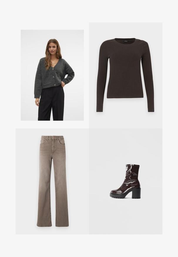 Aware VMGEMMA V-NECK VMA NOOS - Adīta jaka - dark grey; Brūns, garām piedurknēm ribots tops ar apaļu kakla izgriezumu. Izgatavots no gludas, elastīgas materiāla, ar pieguļošu siluetu un minimālu apdari.; Brūnas augsta vidukļa taisnas kājas džinsi ar priekšējo pogu, jostu cilpiņām un klasisko piecu kabatu dizainu uz baltas fona.; Spīdīgas bordo potīšu botītes ar masīlu melnu papēdi, kurām ir gluda tekstūra un vienkāršs dizains. Nav redzamu aizdari vai rakstu.