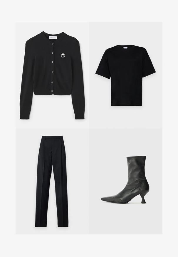 Črni pleteni kardigan z rebrastim okroglim vratnim izrezom in gumbi spredaj. Ima majhen bel krožni logotip na levem prsnem delu.; Črna majica s kratkimi rokavi, sproščenega kroja, narejena iz mehkega materiala, z okroglim izrezom in brez vidnih vzorcev ali okraskov.; Črne hlače iz gladkega materiala, ki imajo visok pas, široke noge, sprednje nabore in klasične zanke za pas. Nevidni stranski žepi.; Kratka črna usnjena gležnjarja s koničastim nosom, teksturiranim prednjim delom in ožjim, koničastim peto. Gladka površina z diskretnimi šivi.