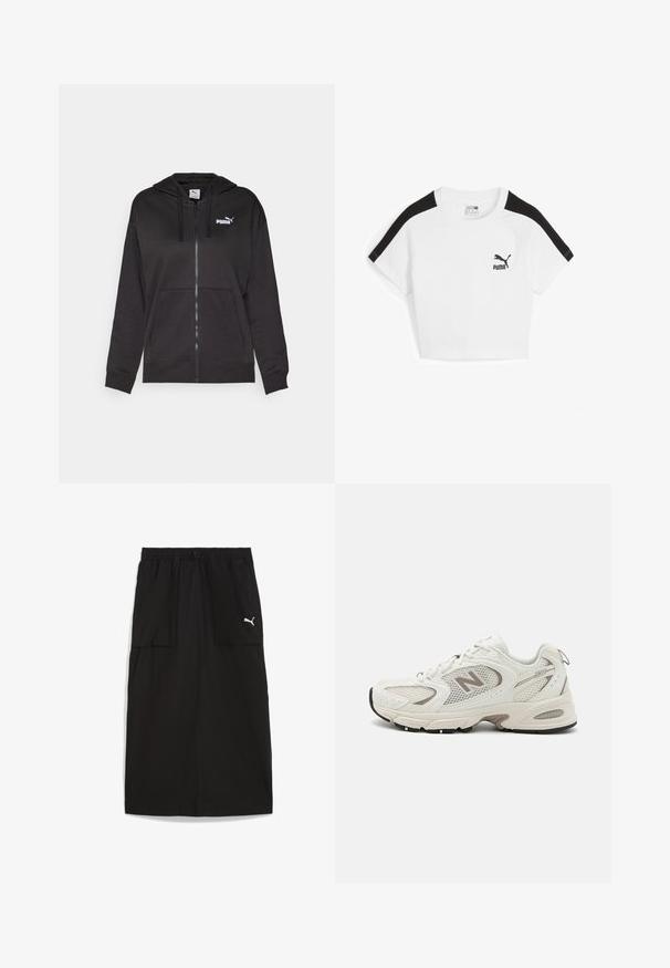 Černá mikina s kapucí na zip vyrobená z měkké látky, s přední kapsou, stahovací šňůrkou na kapuci a bílým logem Puma na levé části hrudi.; Bílý zkrácený tričko s černými raglánovými rukávy, na prsou s malým černým logem Puma. Vyrobeno z bavlny.; Černá bavlněná sukně s elastickým pasem, dvěma bočními kapsami a bílým logem Puma na levé straně. Hladká textura a délka ke kolenům.; Bílé běžecké boty z síťoviny se šedými akcenty, kulatou špičkou, šněrovacím designem, polstrovanou podrážkou a výrazným logem "N" po straně.