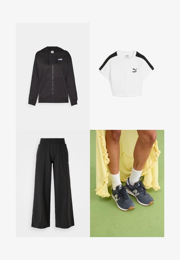 Černá mikina s kapucí na zip vyrobená z měkké látky, s přední kapsou, stahovací šňůrkou na kapuci a bílým logem Puma na levé části hrudi.; Bílý zkrácený tričko s černými raglánovými rukávy, na prsou s malým černým logem Puma. Vyrobeno z bavlny.; Černé kalhoty s širokými nohavicemi z texturované látky, s elastickým pasem a akcentem v podobě loga PUMA. Jednoduchý design s uvolněným střihem.; Šedé semišové tenisky s bílými podrážkami a vzorovanými akcenty. Spárované s bílými kotníkovými ponožkami a žlutými šaty s volánky. Zelené texturované pozadí.