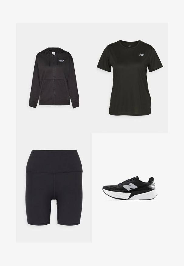 Fekete, cipzáros kapucnis pulóver puha anyagból, elülső zsebbel, húzózsinóros kapucnival, és fehér Puma logóval a bal mellkas területen.; Fekete, rövid ujjú póló sima anyagból, kerek nyakkivágással és fényvisszaverő fehér logóval a bal mellen.; Fekete sportnadrág, rugalmas anyagból készült, magas derékrésszel, sima textúrával, és látható minták vagy fémalkatrészek nélkül.; Fekete-fehér New Balance futócipő vastag talppal, hálós felsőrésszel és "N" logóval az oldalon, külső nézetből.