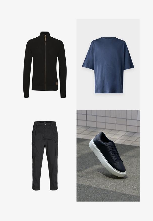 Mustafen mustri, millel on kõrgem krae, täispikkus ja pruun lukuga. Väike logo on vasakus alumises nurgas.; Tumesinine lühikeste varrukatega T-särk, valmistatud pehmest kangast, omab klassikalist ümarat kaelust ja mugavat lõiget, ilma nähtavate mustrite või aktsentideta.; Mustad mustapõlvik, mis on valmistatud tugeva koe kasutades, sisaldab mitmeid taskuid, nupule kinnitatav sulgemine ja kitsenev disain.; Mustast nahast tennisetoss, millel on ümar nina ja valge kummist tall. Omab siredaid paelu ja minimaalset õmblemist ülemises osas. Tekstuuriga tald, mis tagab haakuvuse.