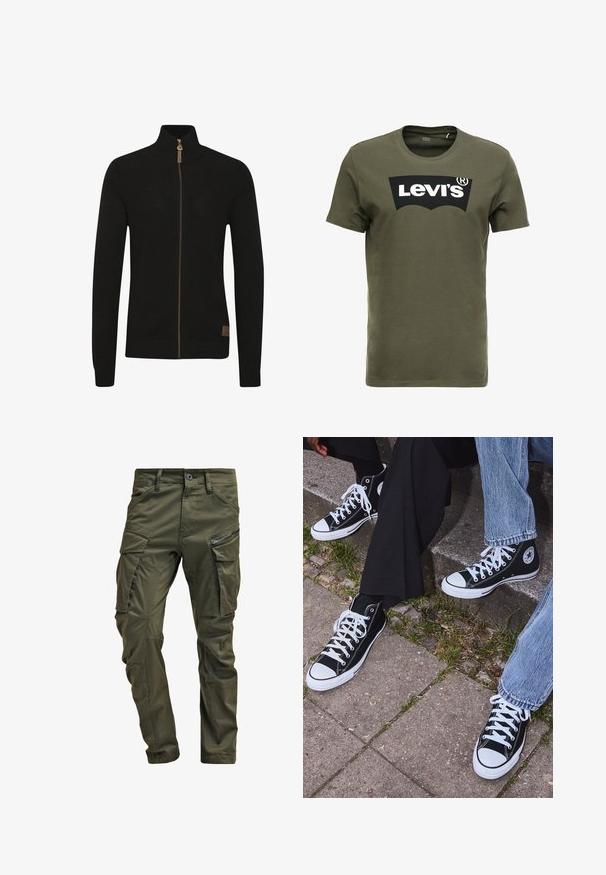 Sweat à zip noir en tissu tricoté texturé. Col haut, couleur unie, avec une fermeture éclair marron et un petit logo en bas à gauche.; T-shirt en coton vert olive avec un grand logo noir Levi's sur le devant. Col rond classique et manches courtes, texture lisse.; Pantalons cargo vert olive en coton résistant. Dotés de plusieurs poches, d'une poche latérale zippée et de jambes fuselées avec une finition légèrement texturée.; Baskets montantes en toile noires avec semelles et lacets en caoutchouc blancs, arborant un logo circulaire sur le côté et associées à un jean et un pantalon noir.