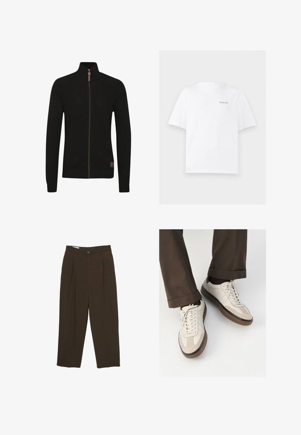Pulover negru cu fermoar, realizat dintr-un material tricotat texturat. Guler înalt, de culoare solidă, dotat cu un fermoar maro și un mic logo în partea stângă jos.; Tricou alb din bumbac, cu guler rotund, mâneci scurte și un mic logo negru pe pieptul stâng sus. Textură netedă.; Pantaloni tailored de culoare maro închis cu pliuri frontale, bucle pentru curea și închidere cu buton la talie.; Adidași bej cu un vârf din suede texturat, laterale din piele netedă și o talpă din cauciuc maro. Șireturile și detalii de cusătură subtilă incluse.