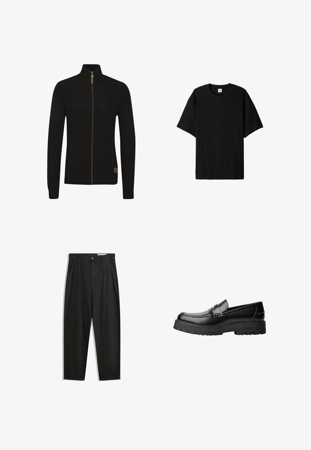 Crna zip-up dukserica od teksturirane pletene tkanine. Visoki ovratnik, jednobojna, s smešnim zipom i malim logotipom na donjoj lijevoj strani.; Crna rebrasta kratka majica s kratkim rukavima i okruglim izrezom, s opuštenim krojem i teksturiranom površinom. Jednostavan dizajn; bez grafika ili akcenta.; Crne pamučne hlače s opuštenim krojem, s klasičnim pojasom, prednjim nabranjima i bočnim džepovima. Glatka tekstura bez uzoraka.; Crna kožna mokasina s debelim potplatima i dekorativnom trakom preko gornjeg dijela, prikazana u lijevom bočnom profilu na bijeloj pozadini.