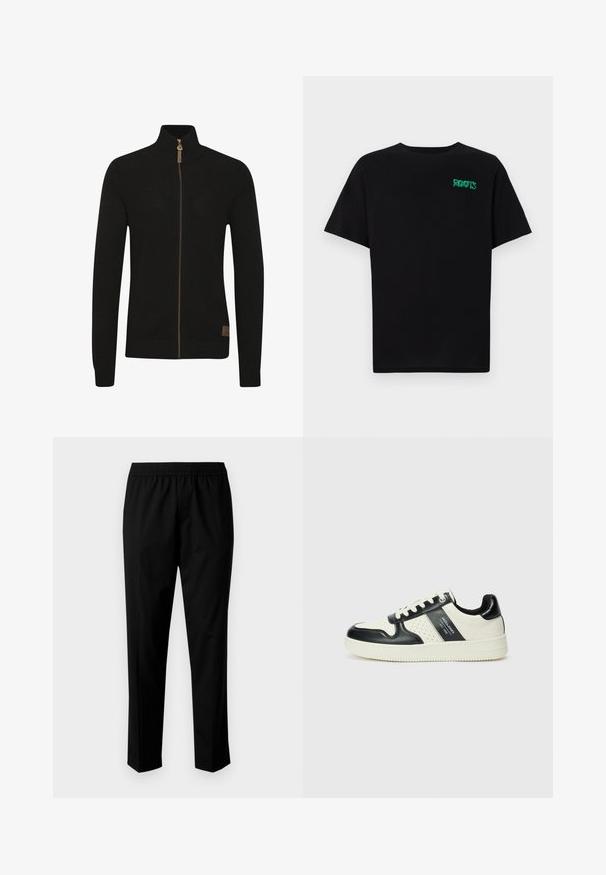 Svart zip-up genser laget av teksturert strikket stoff. Høy krage, ensfarget, med en brun glidelås og en liten logo nederst til venstre.; svart t-skjorte laget av bomull med korte ermer. Har et grønt "ROOTS"-logo på forsiden, rund halsutringning og standard passform.; Svarte bukser med elastisk midje, med en rett ben-design. Stoffet ser glatt ut med en matt tekstur, uten synlige mønstre.; Lædersneakers med sort og creme farveskema, der har perforerede detaljer, en polstret krave og en struktureret ydersål.