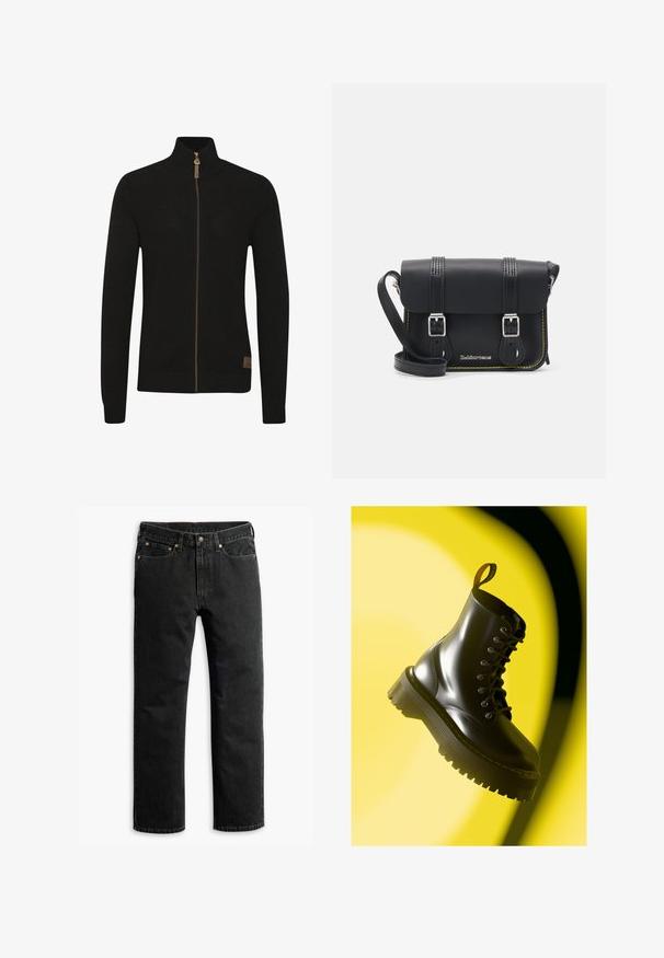 Sweat à zip noir en tissu tricoté texturé. Col haut, couleur unie, avec une fermeture éclair marron et un petit logo en bas à gauche.; T-shirt blanc à manches courtes en coton, avec un col rond et une coupe décontractée. Texture lisse, sans motifs ni accents visibles.; Jean en denim noir avec une coupe droite, dotés de garnitures en cuivre, de deux poches frontales, d'une poche arrière et d'une fermeture à bouton.; Botte en cuir noir à lacets avec une semelle épaisse crantée et des coutures jaunes, suspendue sur un fond circulaire jaune.; Sac bandoulière en cuir noir avec un rabat, deux boucles en argent, des coutures jaunes et une sangle réglable. Présente une texture lisse et un design compact.