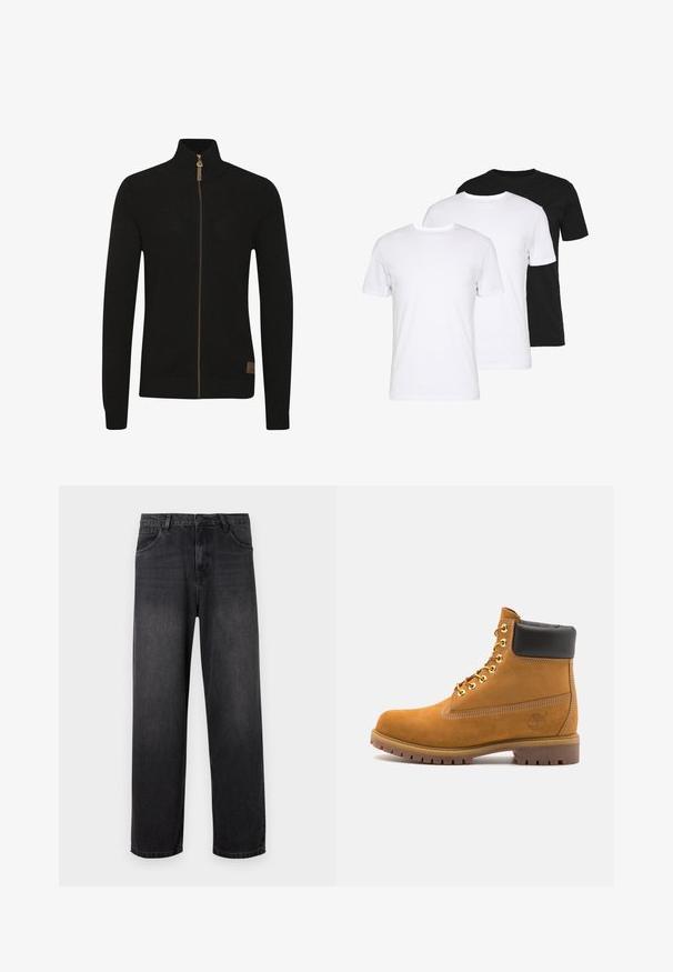 Maglione zip-up nero realizzato in tessuto a maglia testurizzata. Collo alto, in tinta unita, con zip marrone e un piccolo logo in basso a sinistra.; Pacchetto di tre t-shirt: una nera e due bianche. Ognuna ha un colletto rotondo, maniche corte ed è realizzata in morbido cotone.; Jeans in denim grigio scuro con un design a gamba dritta, dotati di zip, cinque tasche e dettagli di sbiadimento sottili sul tessuto.; Stivale alla caviglia in suede tan con collare imbottito nero, occhielli in metallo dorato, dettagli in cucitura bianca e suola in gomma robusta con battistrada pronunciato.