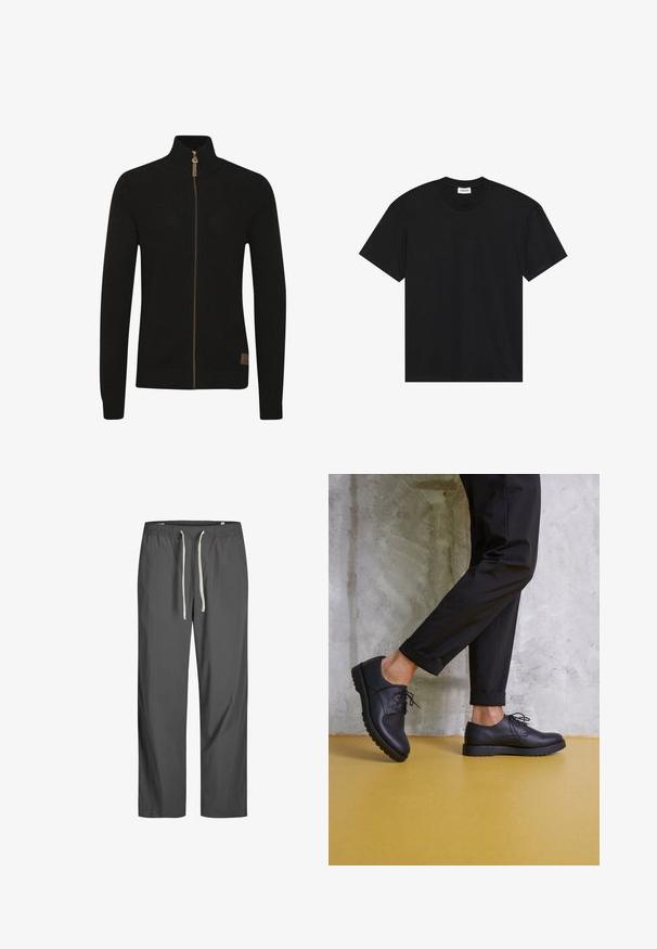 Sudadera negra con cremallera hecha de tela de punto texturizada. Cuello alto, color sólido, con una cremallera marrón y un pequeño logotipo en la parte inferior izquierda.; Camiseta negra de manga corta hecha de algodón. Presenta un cuello redondo clásico y un ajuste relajado sin patrones o acentos visibles.; Pantalones ligeros grises con cintura elástica y cordón blanco. Diseño holgado, textura suave, sin patrones ni acentos visibles.; Zapatos de cuero negro con cordones, con una puntera redondeada, superficie texturizada y suela de goma gruesa. Llevados con pantalones negros arremangados contra un fondo de concreto.