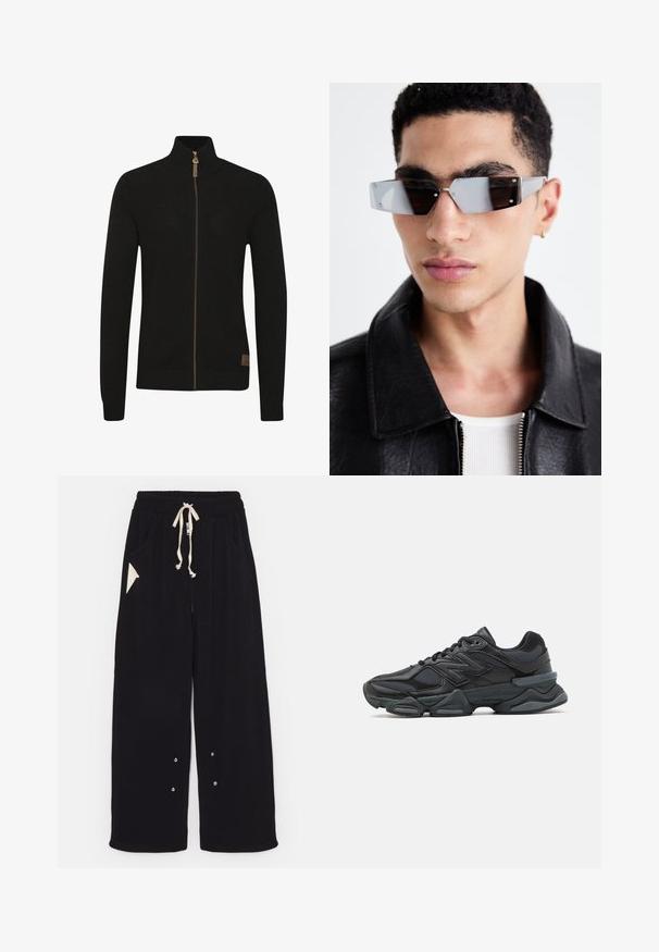 Sweat à zip noir en tissu tricoté texturé. Col haut, couleur unie, avec une fermeture éclair marron et un petit logo en bas à gauche.; T-shirt noir à manches courtes en coton, avec un col rond et une coupe décontractée. Texture lisse avec des détails de couture minimalistes.; Pantalons larges noirs en tissu doux avec une taille à cordon, poches latérales et une poche d'accent en forme de triangle. Détails en métal argenté inclus.; Chaussure de course noire mettant en avant un mélange de mesh et de matériaux synthétiques, avec une semelle épaisse, un design arrondi et un logo bien visible sur le côté.; Lunettes de soleil grises angulaires avec des détails en argent, sur un fond clair. Les verres présentent une forme géométrique unique.