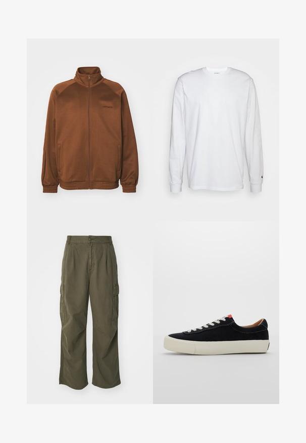 Carhartt WIP BOLAN JACKET - Sweater met rits - chocolate/tobacco; Witte lange mouwen T-shirt van katoen. Ronde hals ontwerp met ribgebreide manchetten en een klein logo op de linkermouw. Gladde textuur.; Cargo broek in olijfgroen, gemaakt van katoen, met een wijd broekontwerp, plooien en zijzakken voor utility.; Zwarte stoffen sneaker met witte veters, beige rubberen zool en rode accent aan de hiel. Rond toe en minimale stikseldetails.