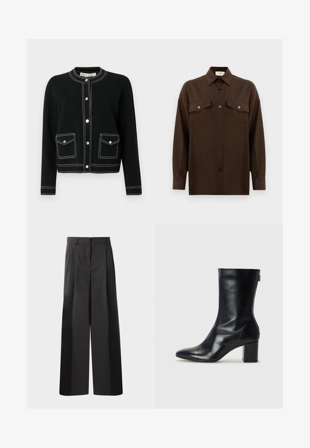 Black cardigan featuring silver snap buttons, two front pockets with white stitching, and a round neckline. Made from a soft material.; Dark brown long-sleeve button-up shirt with two flap chest pockets and a classic collar, displayed against a plain white background.; Black wide-leg trousers with a high waist, featuring front pleats, a smooth texture, and a tailored finish. Designed for a relaxed fit.; Black leather ankle boot with a pointed toe and 4 cm block heel. Sleek design features a side zipper for easy wear. Smooth texture.