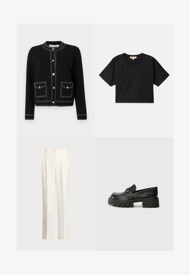 Melnas kardigans ar sudraba spiedpogām, divām priekšējām kabatām ar baltu šuvju apdari un apaļu izgriezumu kaklā. Izgatavots no mīksta materiāla.; Melna kokvilnas pusgarā kreklā. Iezīmēta ar apaļu kakla izgriezumu un īsām piedurknēm. Priekšpusē ar atbilstošas krāsas izšuvums "MICHAEL KORS".; Polo Ralph Lauren HEMP WIDE LEG PANT - Auduma bikses - nevis; Melni ādas mokasīni ar masīvu zoli, ar zeltaini akcentu priekšā un gludu apdari. Masīva protektora dizains uz zoles.