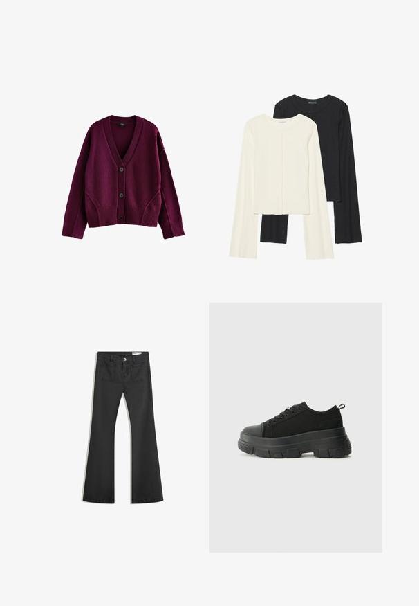 Next SOFT TOUCH SEAM DETAIL - Vest - berry red; Set van twee longsleeve tops in wit en zwart. Geribbelde textuur, ronde hals, aansluitend ontwerp met licht uitlopende mouwen.; Zwarte flared jeans van denim met een gladde textuur, voorzien van twee achterzakken en een knoopsluiting bij de taille.; Zwarte sneakers met een stevige rubberen zool, textiel bovenwerk, ronde neus en vetersluiting. Beschikt over versterkte oogjes en een trekstrip aan de achterkant.