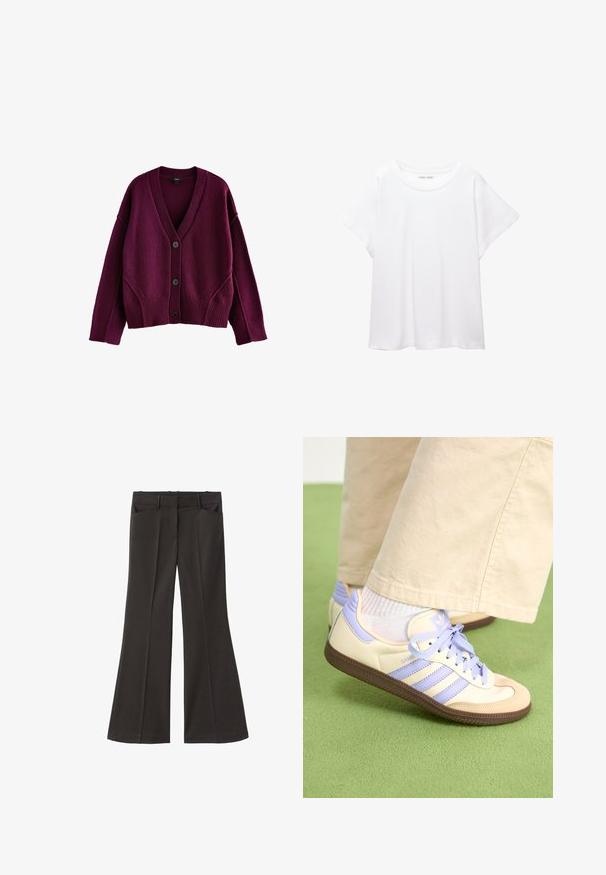Next SOFT TOUCH SEAM DETAIL - Strickjacke - berry red; Weißes T-Shirt aus weichem, leichtem Stoff. Mit runder Halslinie und kurzen, weit geschnittenen Ärmeln für einen lässigen Sitz. Keine sichtbaren Muster.; Schwarze, weit geschnittene Hosen mit hoher Taille; verfügt über zwei Fronttaschen und eine glatte Stoffoberfläche. Geeignet für verschiedene Anlässe.; Cremefarbene und lavendelfarbene Sneakers mit drei Streifen und einer strukturierten braunen Sohle, ausgestattet mit Schnürsenkeln und einer gepolsterten Ferse. Obermaterial aus weichem Stoff.