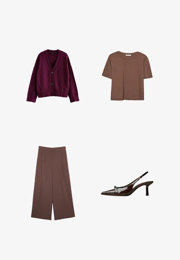 Next SOFT TOUCH SEAM DETAIL - Cardigan - berry red; Brown short-sleeve t-shirt made of soft fabric, with a round neckline and relaxed fit. No visible patterns or accents.; Brown wide-leg trousers with a smooth texture, featuring a high waist and front pleats. The fabric is lightweight and flows loosely.; Brown patent leather slingback shoe with pointed toe, low heel, and a decorative bow accent on the front. Smooth, shiny texture.