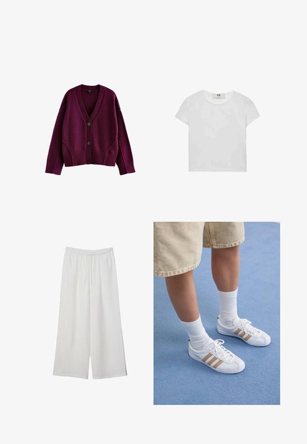 Next SOFT TOUCH SEAM DETAIL - Neuletakki - berry red; Lyhythemmtä, pyöreäkauluksista valkoista t-paitaa, joka on valmistettu pehmeästä puuvillasta. Paidassa on yksinkertainen, selkeä muotoilu ilman näkyviä kuvioita tai korostuksia.; Valkoiset leveälahkeiset housut, jotka on valmistettu kevyestä kankaasta. Niissä on joustava vyötärö ja nauha säädettävää istuvuutta varten. Sileä pinta.; Valkoiset tennarit, joissa on kolme kultasta raidat, nauhakiinnitys, kumipohja, yhdistettynä ribbatun valkoisen sukan ja beigen shortsien kanssa sinisellä pinnalla.