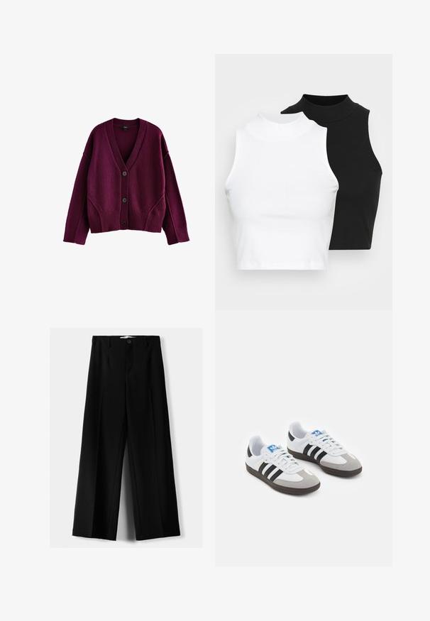 Next SOFT TOUCH SEAM DETAIL - Cardigan - berry red; Două bluze fără mâneci, cu guler înalt, în culorile negru și alb, având un design ajustat și o textură netedă, cu o lungime scurtă.; Pantaloni negri cu picior larg, fabricați dintr-un material ușor, cu închidere frontală cu nasture și față plată, având tivuri cusute cu atenție.; Încălțăminte sport cu un superior din piele albă, vârf din suede gri și trei dungi negre. Prezintă un logo albastru pe limbă și o talpă din cauciuc texturat.