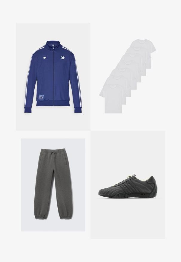 Casaco de fecho éclair azul marinho em mistura de poliéster com riscas brancas nas mangas, logo bordado e um emblema na bainha. Textura suave, corte atlético.; T-shirts brancos de algodão, mangas curtas, design de gola redonda, com textura lisa, empilhados em fila, com uma marcação subtil na gola.; Calças de moletão cinzas feitas de um tecido suave, com cintura com cordão, punhos elásticos e bolsos laterais. Design de perna reta.; adidas Originals ADIRACER UNISEX - Sapatilhas - core black/cream white
